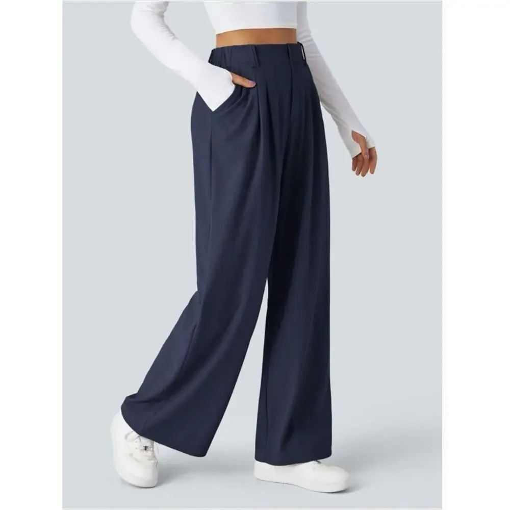 Halara Blue Pull On High Rise Pleated Wide Leg Stretch Knit Trouser Pants Sz LP - Picture 15 of 15